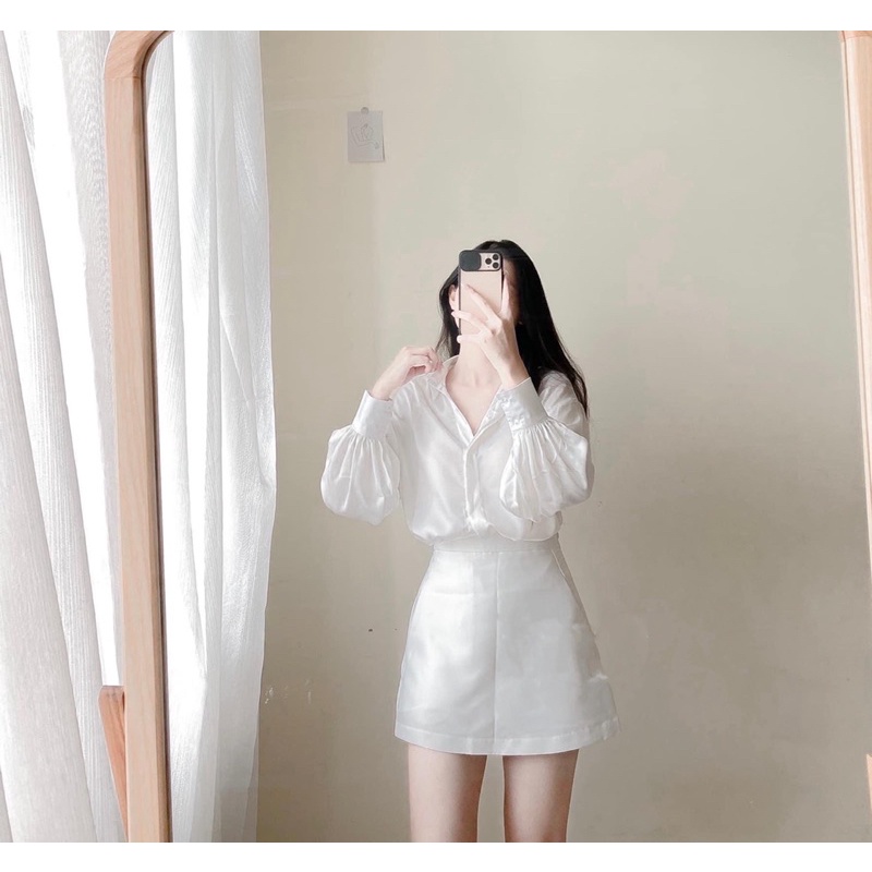 Áo sơ mi lụa trắng phom suông dài tay cổ đức công sở chất liệu lụa trai mềm mịn không nhăn nhàu mặc đi làm trắng xanhA14