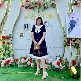 Đầm bigsize nữ, váy bigsize nữ gài nơ cổ trắng xinh xắn, đầm big size dư tiệc - Bigsize Moohan