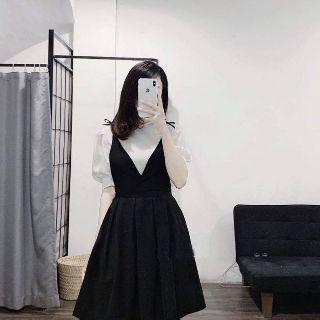 Set yếm ulzzang kèm sơ mi tay bồng