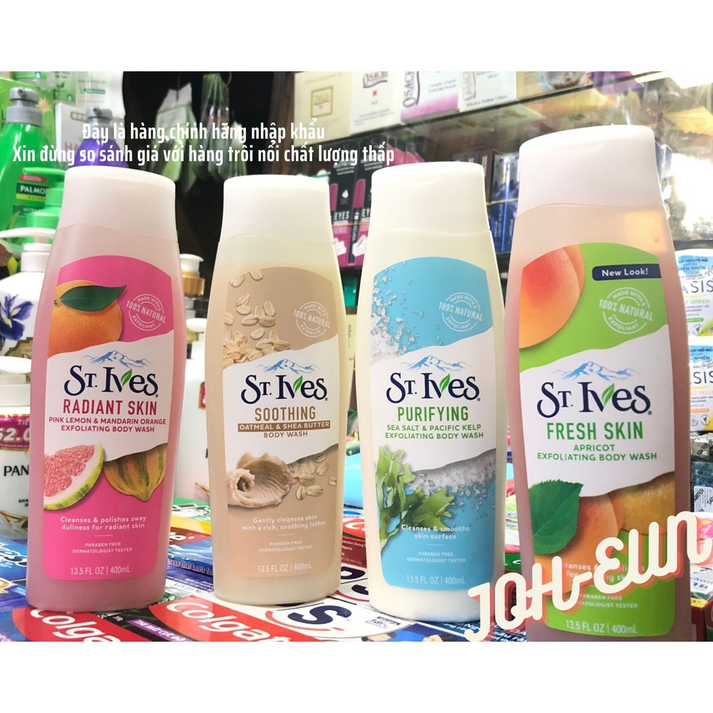 Sữa tắm St.Ives chiết xuất mơ/ cam và chanh hồng/ muối biển/ yến mạch và bơ 400ml