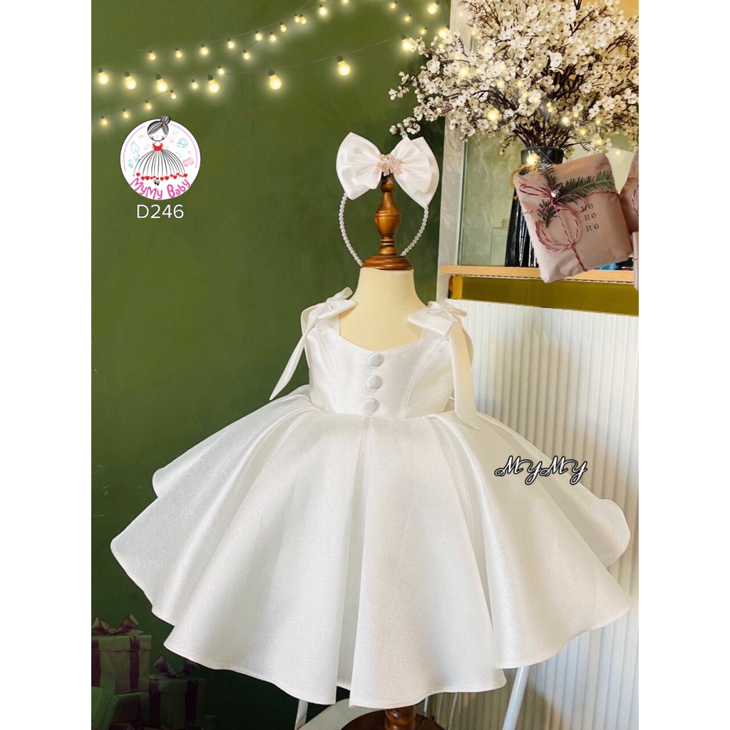 Đầm công chúa trắng nơ vai sang trọng (kèm cài hoặc băng đô) có 3 màu đỏ, hồng cam, trắng