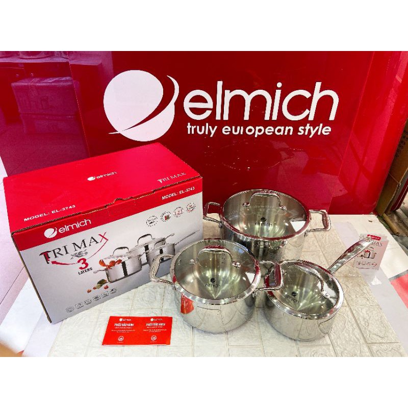 Bộ nồi elmich Inox cao cấp 3 lớp đáy liền Trimax XS EL-3743 size 16, 20, 24cm