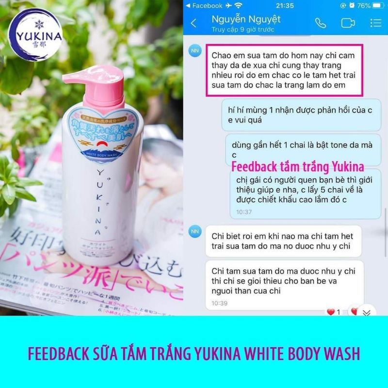 Sữa tắm trắng da YUKINA Nhật Bản Chính Hãng 500ml, Yukina White Body Wash