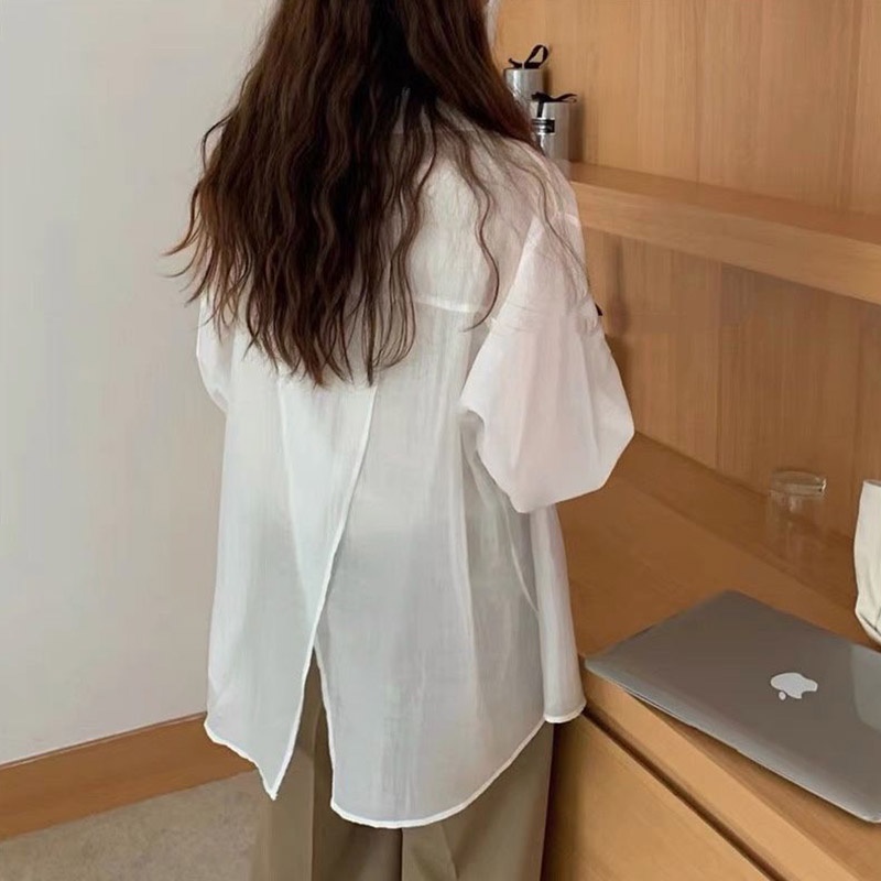 Áo sơ mi IELGY tay dài dáng rộng màu trơn xẻ lưng thời trang cho nữ