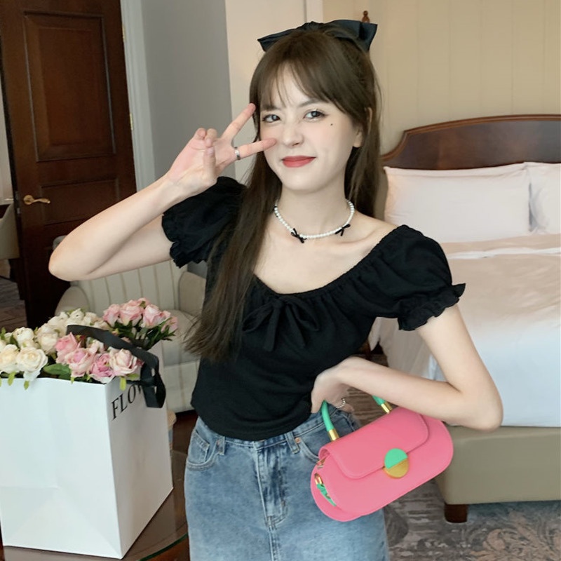 Áo Ngắn Trễ Vai Đính Nơ Dễ Thương Thời Trang Cho Nữ