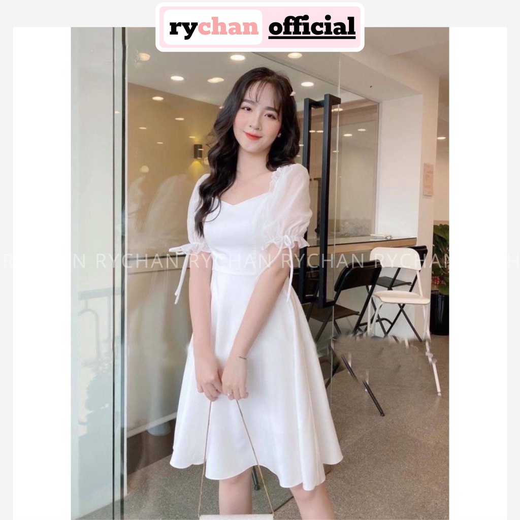 Đầm Dự Tiệc Sang Chảnh Form Ngắn Xòe Tay Phồng Nơ Cỏ Vuông Bo Eo Cực Hot Màu Trắng [ẢNH THẬT CUỐI] - DX9833