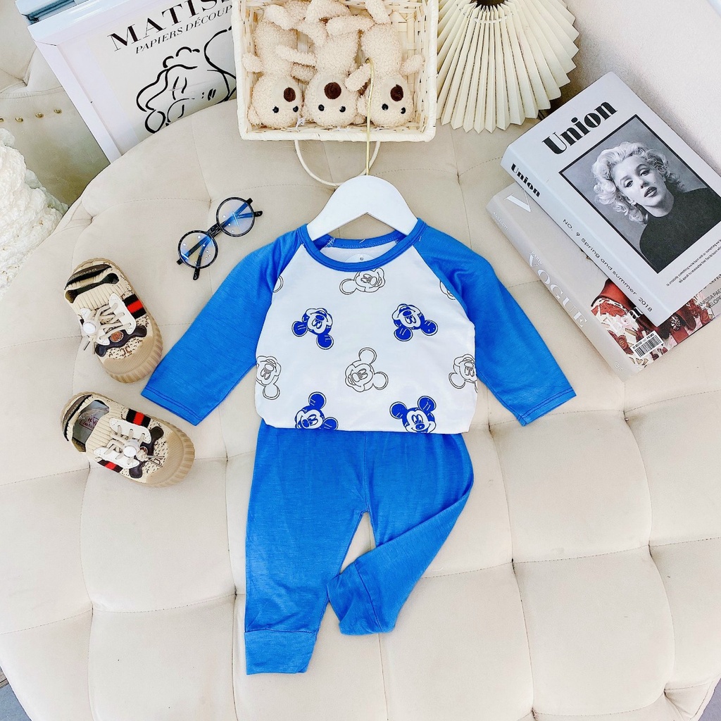Bộ dài tay thun lạnh minky mom thu đông cho bé trai bé gái áo trắng quần mau