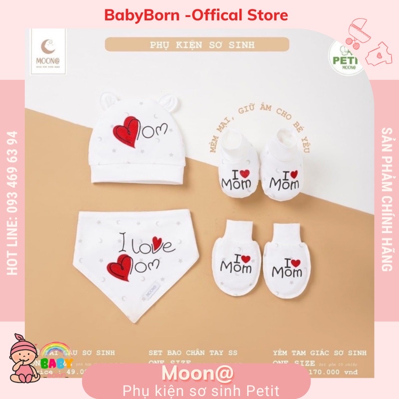 Phụ kiện sơ sinh mũ, yếm, bao tay chân Moon chất petit mềm mịn, xinh xắn cho bé MO25071