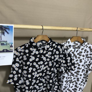 Áo Sơ Mi Hawaii Cúc Daisy Trắng/ Đen (Ảnh THẬT)