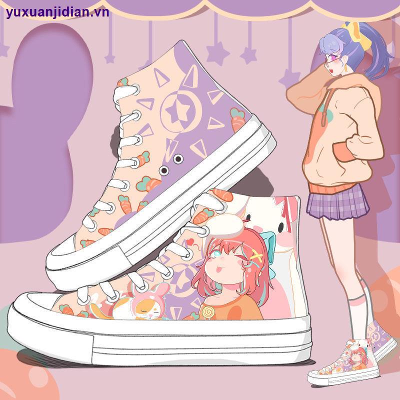 Giày vải canvas cổ cao vẽ tay hai chiều mềm mại họa tiết cô gái phép thuật anime Nhật Bản dễ thương ngọt ngào cho nữ sinh