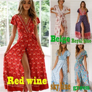 Đầm nữ maxi cổ chữ V xẻ tà phong cách Boho