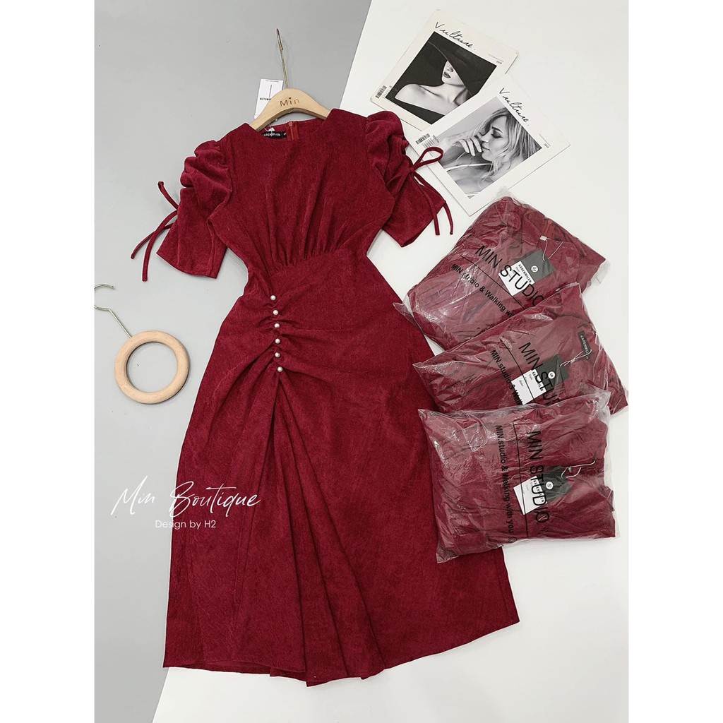 ĐẦM THIẾT KẾ RÚM EO TAY BỒNG RÚT DÂY ĐÍNH CÚC NGỌC 086 | BigBuy360 - bigbuy360.vn