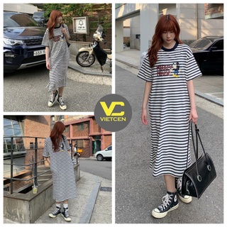 Váy suông dài kẻ MIC.KEY đầm cotton dáng suông midi tay ngắn cổ tròn mềm mát - VIETCEN (ảnh thật)