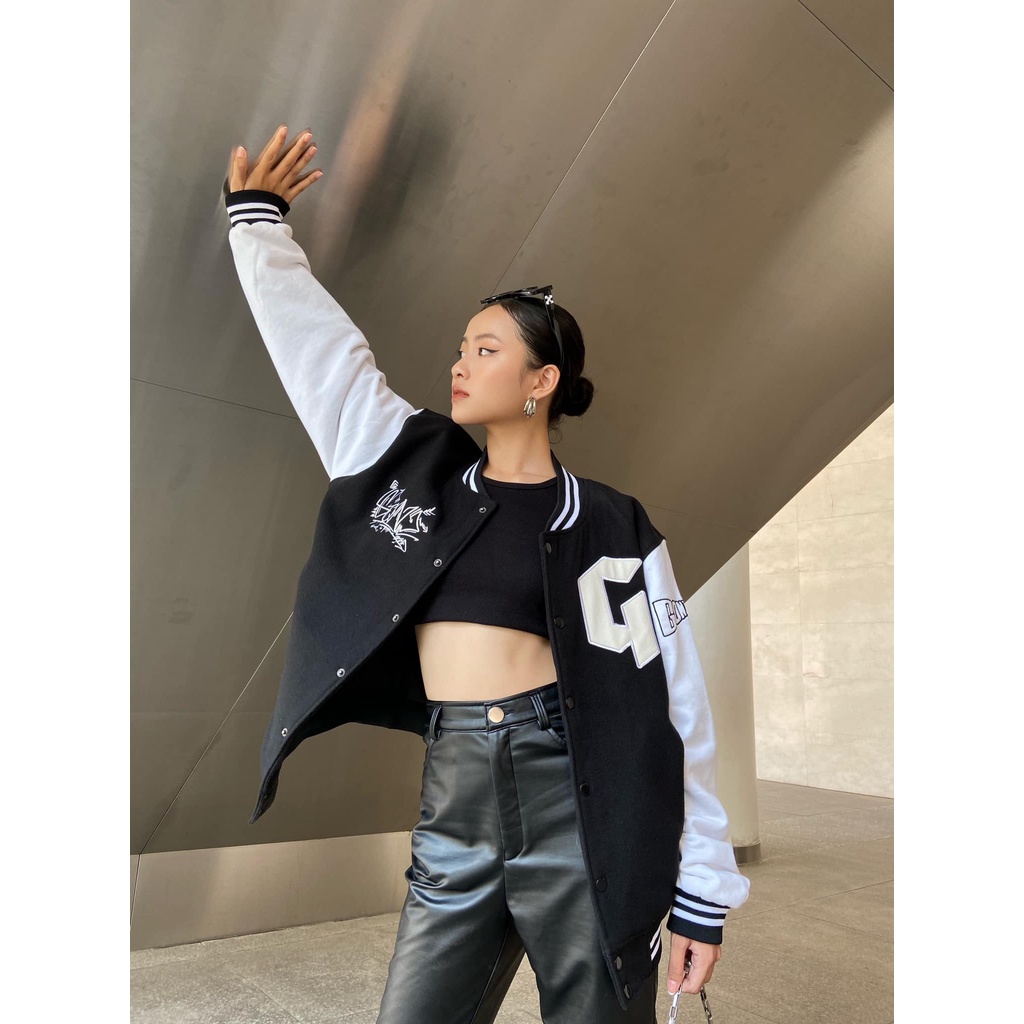 Áo Khoác Varsity nam nữ MÀU ĐEN Gonz Bóng chày .Unisex Form rộng nhung tăm 2 lớp Hình thêu 100%,(ảnh thật)VIPP A1