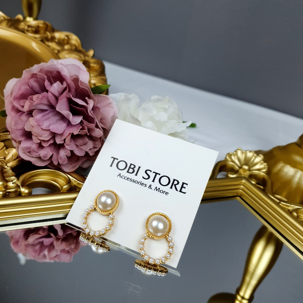 Khuyên tai nụ đính ngọc trai nhân tạo cổ điển cỡ to sang trọng TB02 TOBI STORE