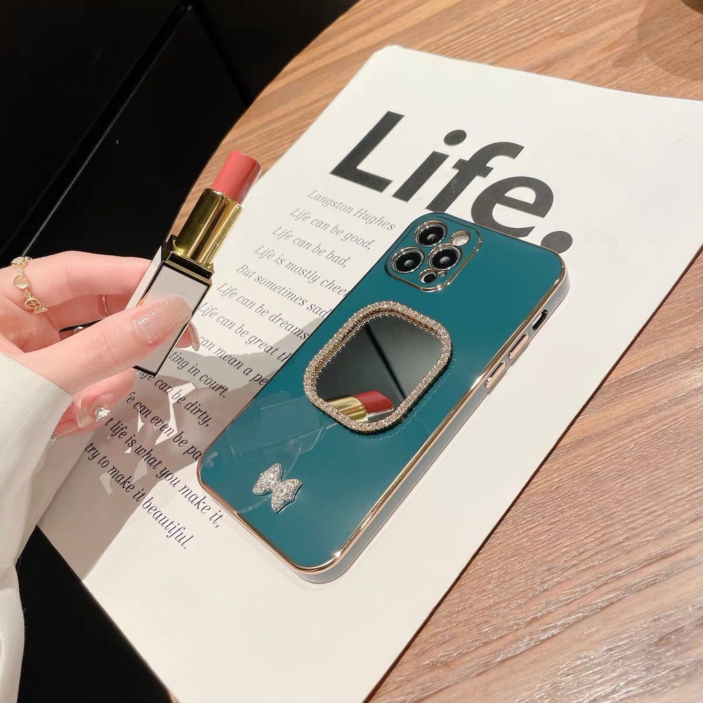 Ốp Điện Thoại tpu Mềm Gắn Gương Hình Nơ Màu Xanh Lá Cây Cho Iphone 7plus 12 pro max 11 pro max xs max xr x 13promax