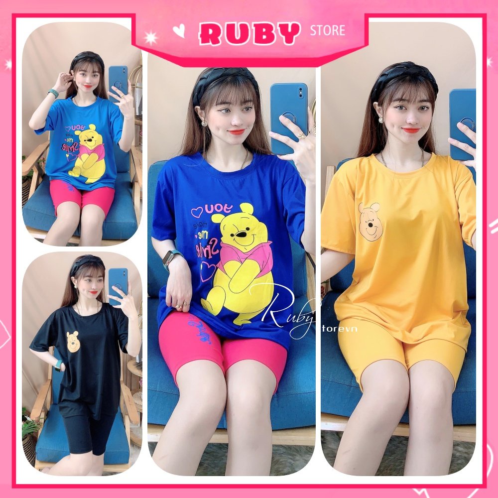 Đồ bộ thun lửng phom to cho nữ mặc nhà chất thun mềm mát in hình gấu hoạt hình dễ thương TP88