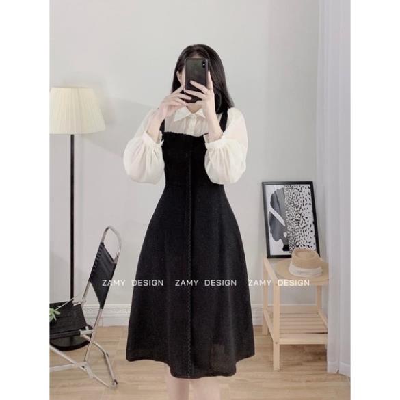 Váy dam yếm 2 dây chất dạ đen may liền sơ mi tơ lụa tay bồng cổ bẻ cúc ngọc dáng xoè chữ A dáng dài vintage tiểu thư .