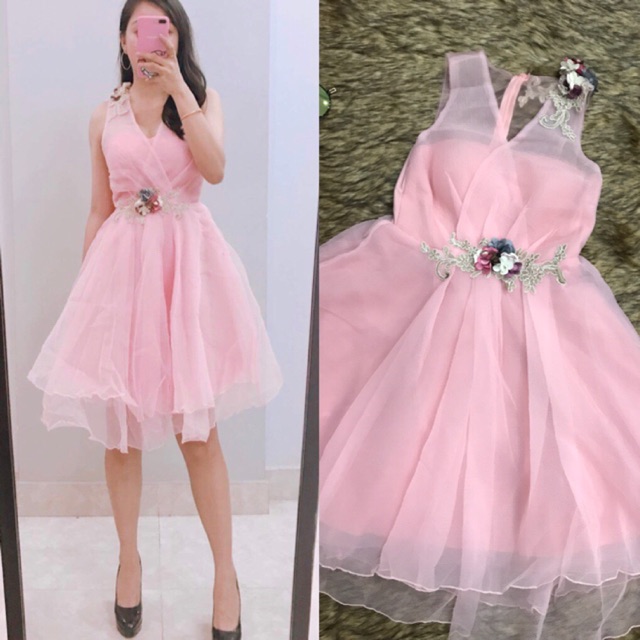 Váy đầm công chúa xoè đính hoa 3D eo vai