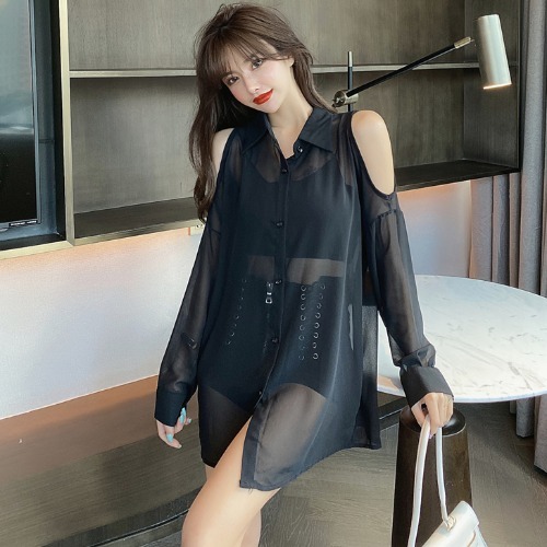 IELGY  Áo Sơ Mi chiffon Dài Tay Trễ Vai Xuyên Thấu Thời Trang Dành Cho Nữ