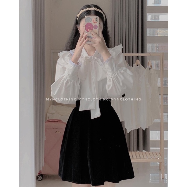 ÁO SƠ MI LOLITOP NƠ CỘT TAY PHỒNG ( ẢNH SHOP TỰ CHỤP/XEM THÔNG TIN ÁO Ở PHẦN MÔ TẢ)