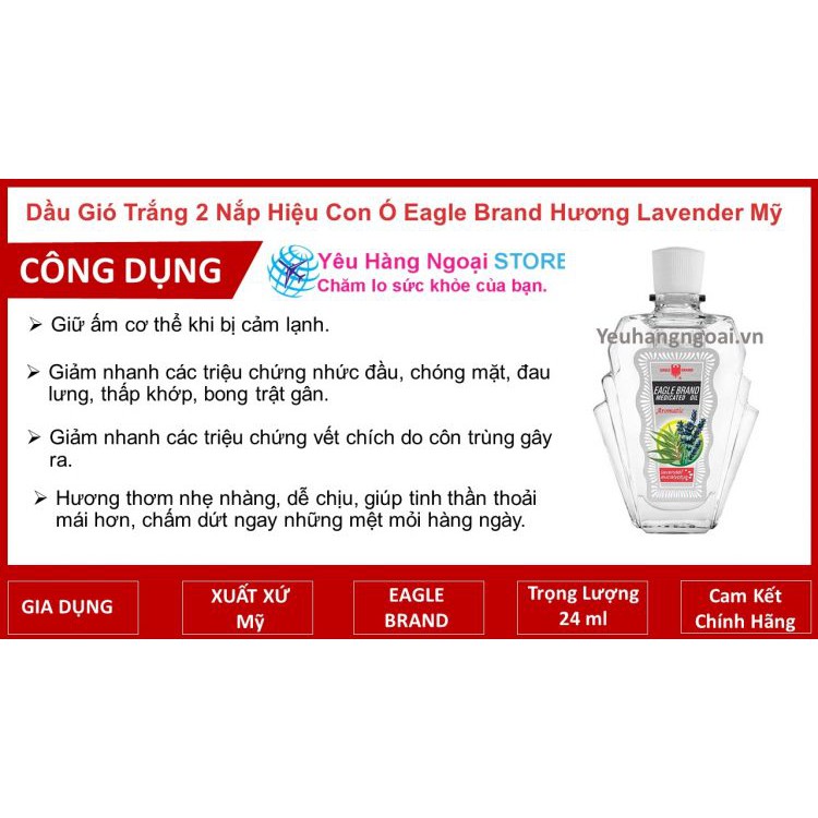 Dầu gió trắng 2 nắp hiệu Con Ó Eagle Brand hương Lavender của Mỹ (mẫu mới nhất)