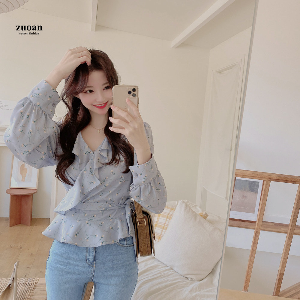 SUXI Áo kiểu dài tay chất liệu chiffon họa tiết dễ thương cho nữ