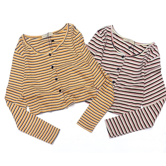 Áo Croptop Nữ Tay Dài Kiểu Ôm Thun Body Cổ Tròn Vải Sọc Có Nút Cúc SIÊU HOT. | BigBuy360 - bigbuy360.vn