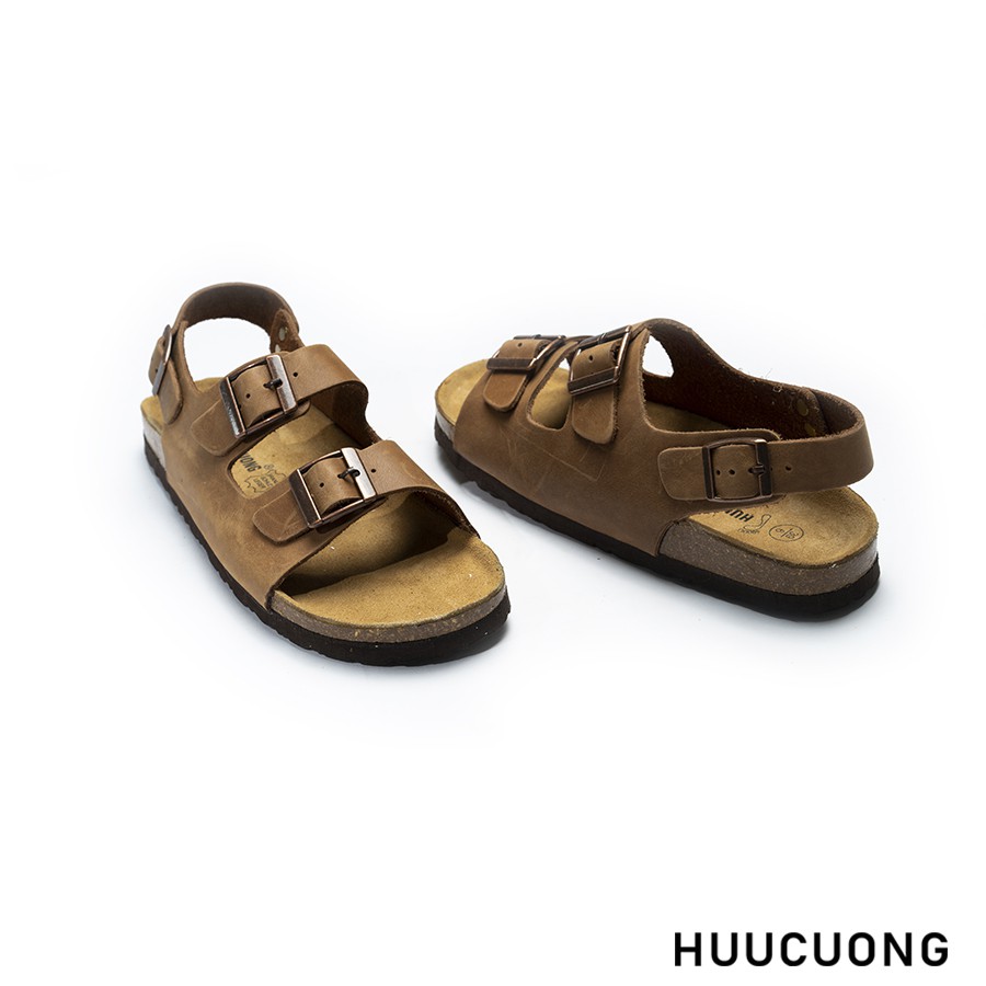 Sandal 2 khóa Da Bò Nâu / Đen HuuCuong đế trấu hàng chính hãng Hữu Cường, chất lượng cao