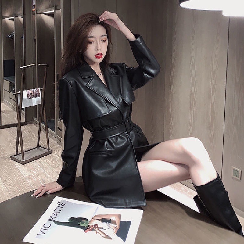 Áo khoác da cổ vest kèm đai eo