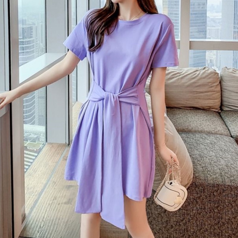 Đầm Thun Tay Ngắn Dáng Chữ a Cột Dây Eo Kiểu Dáng Đơn Giản Thời Trang Cho Nữ