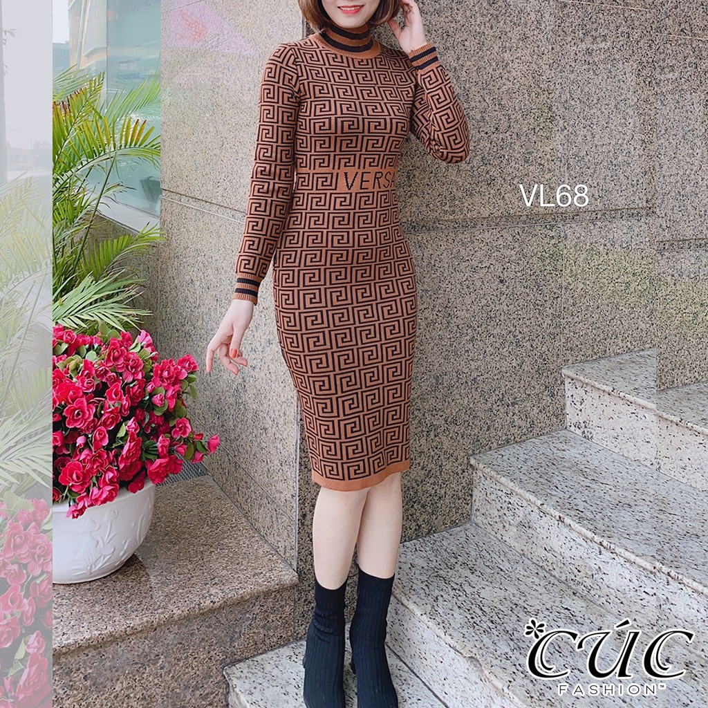 Váy đầm body len tăm dáng ôm co giãn Cúc Fashion VL68 váy len chữ versace