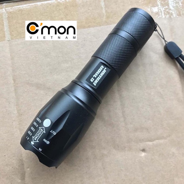 Bộ 1 đèn pin siêu sáng C'MON GUARD XML-T6 10w chiếu xa 500m + 1 pin sạc 18650 + 1 cục sạc (đen)