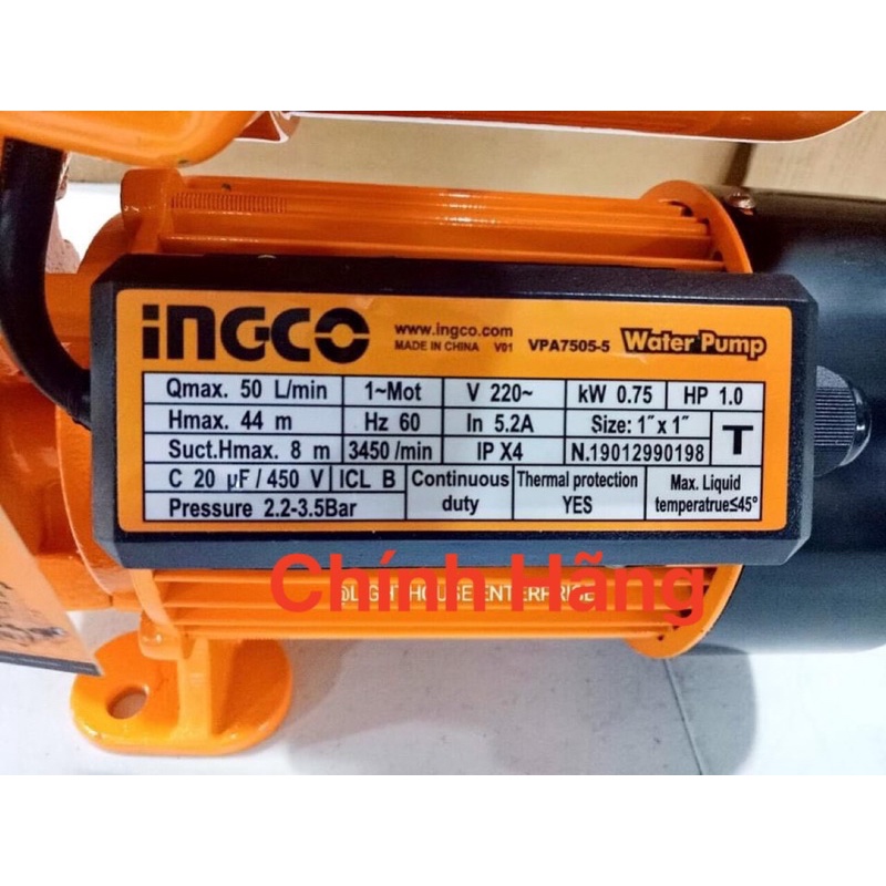 INGCO Máy bơm nước 750W (1.0HP) VPA7505  (Cam kết Chính Hãng 100%)