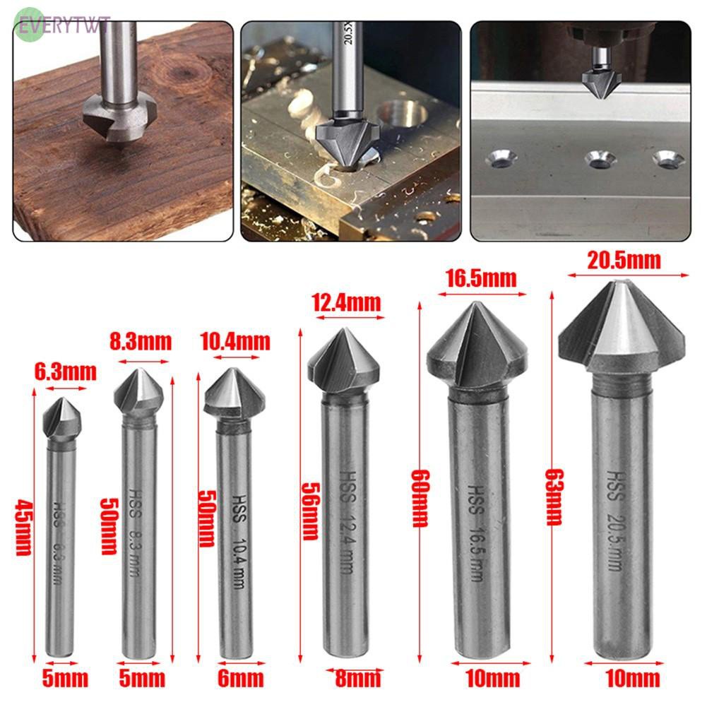 6Pcs 3 Flute Round shank 90 Degree HSS Countersink Deburring Tapered Drill Bits