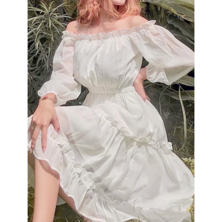 Kan Shop -  Váy Vintage Tiểu Thư Trễ Vai - Đầm Bánh Bèo Màu Trắng Xinh Xắn | BigBuy360 - bigbuy360.vn