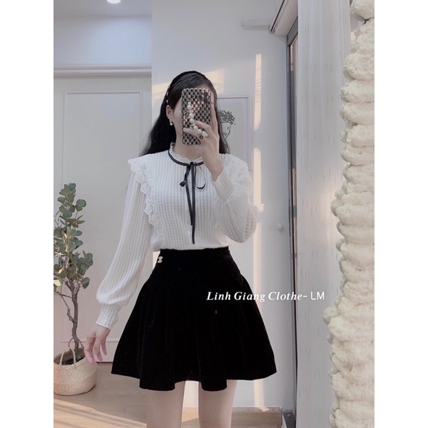 Áo ren xốp phối bèo vai cổ nơ