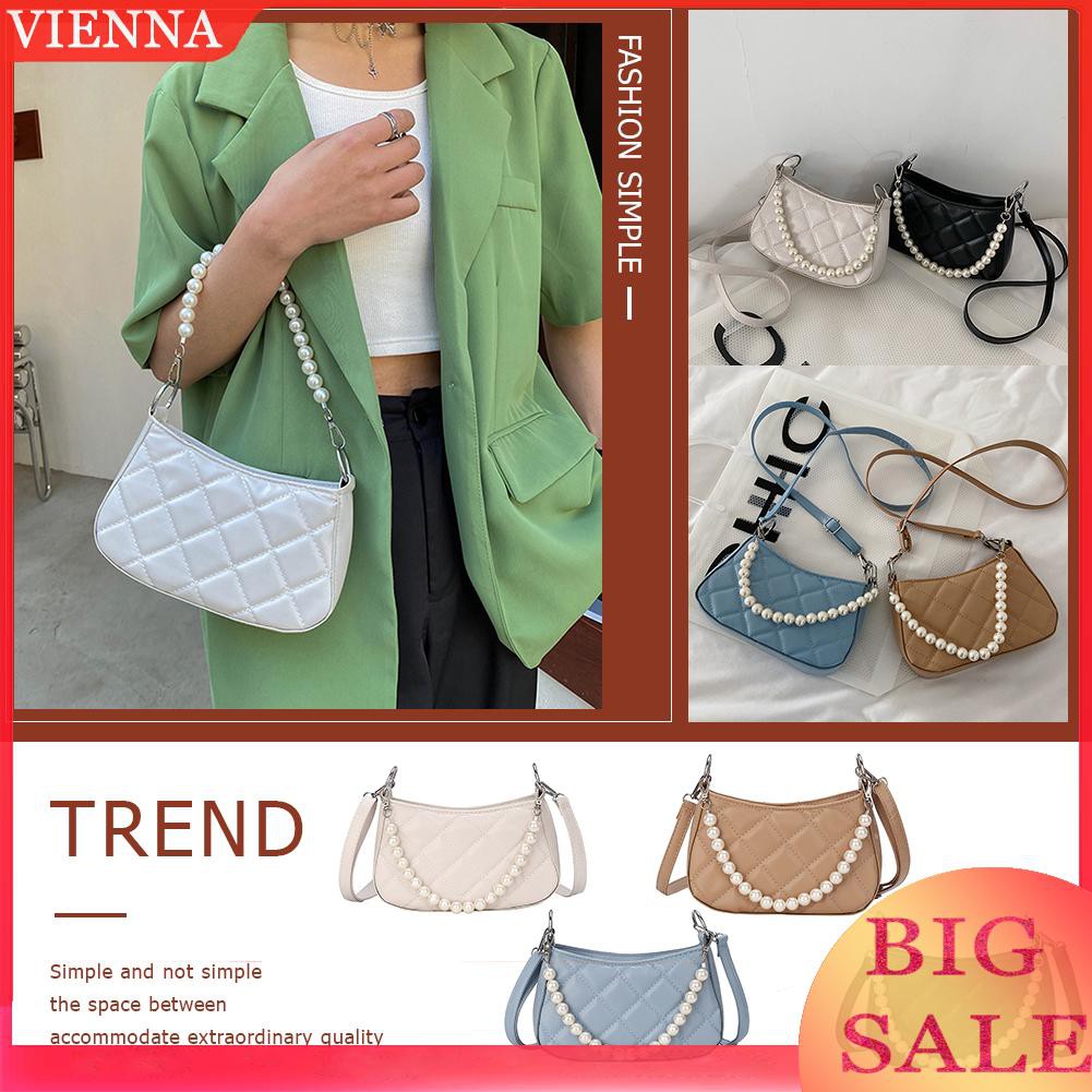 Retro Women PU Lattice Pattern Messenger Bag Pearl Pure Color Small Handbag