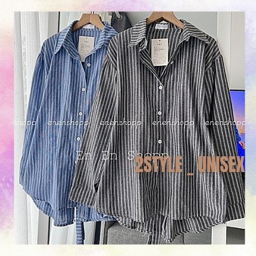 Áo sơ mi kẻ sọc thiết kế xẻ lưng/ Áo unisex form rộng hai màu đen xanh phong cách Hàn Quốc 2style-unisex
