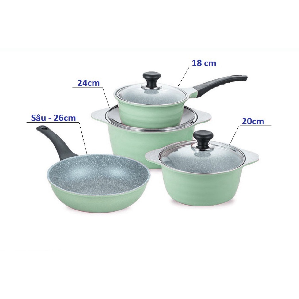Bộ nồi chảo chống dính vân đá 3D ECORAMIC Hàn Quốc tặng 1 Bộ nhắc nồi silicon