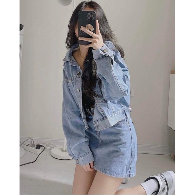 Set chân váy bò mix áo dài tay