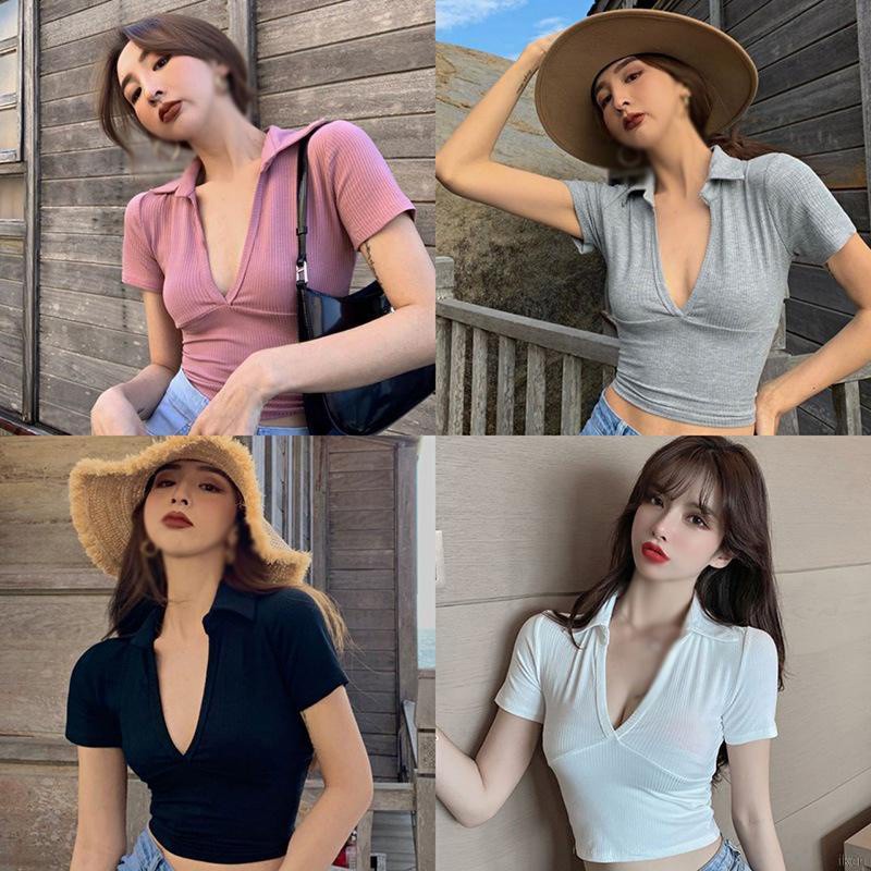 Áo thun dệt kim tay ngắn cổ chữ v dáng ôm màu trơn thời trang quyến rũ dành cho nữ