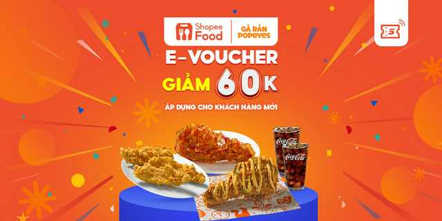 [EVoucher] Mã giảm giá 60K khi đặt Gà Rán Popeyes trên ShopeeFood tại ứng dụng Shopee cho Khách Hàng Mới