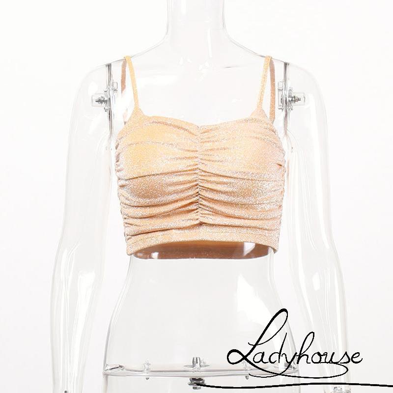 Áo Croptop Hai Dây Mỏng Mùa Hè Màu Trơn Sáng Bóng Hở Rốn Cho Nữ