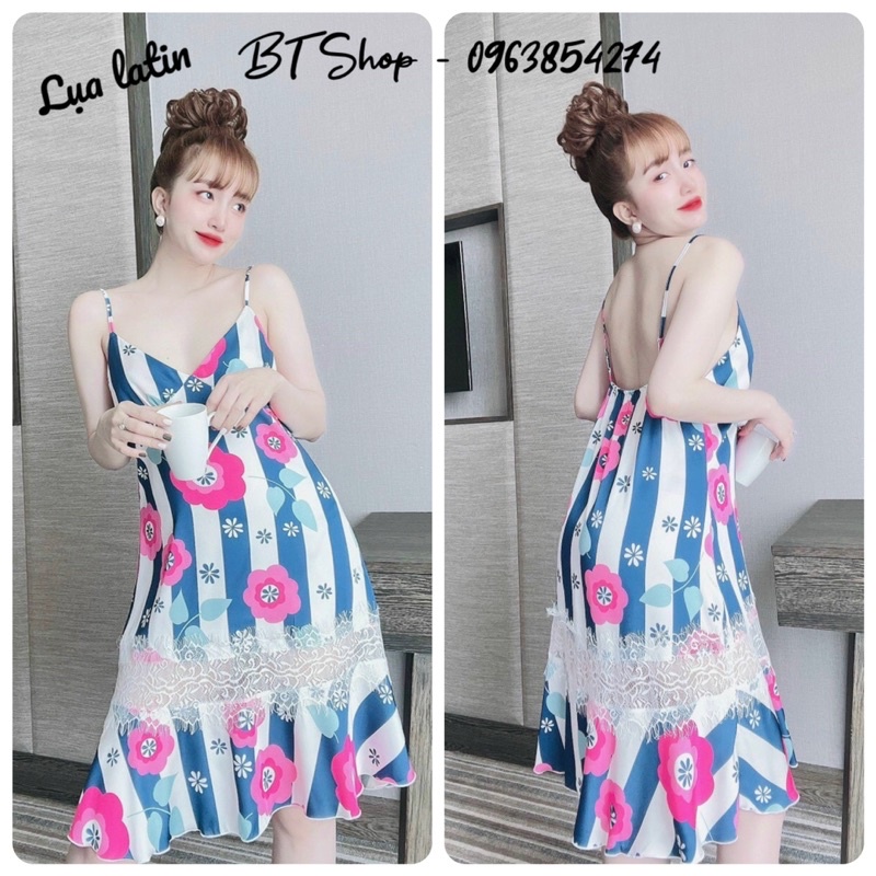Váy ngủ lụa latin 2 dây đuôi cá phối ren freesize 42-57kg