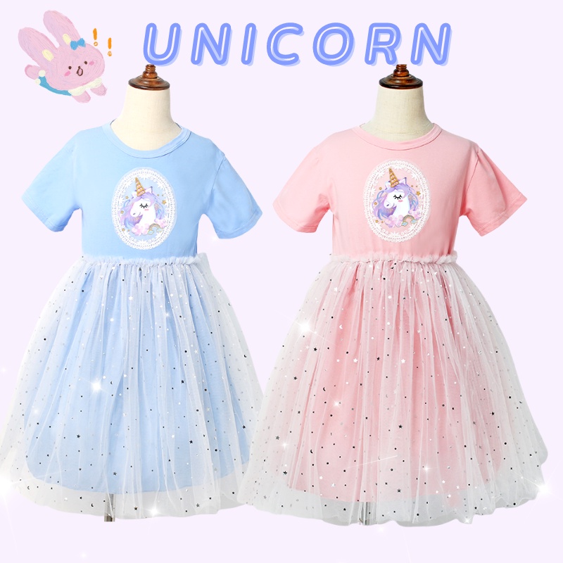 Đầm công chúa chất liệu cotton mềm mại phối ren hình kỳ lân đính kim sa thời trang cho bé gái 2021