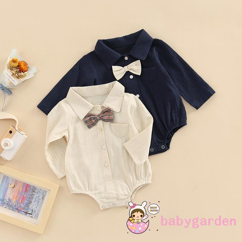 Bộ Áo Liền Quần Tay Dài Màu Trơn Cài Nút Thắt Nơ Dành Cho Bé Trai 0-18 Tháng Tuổi