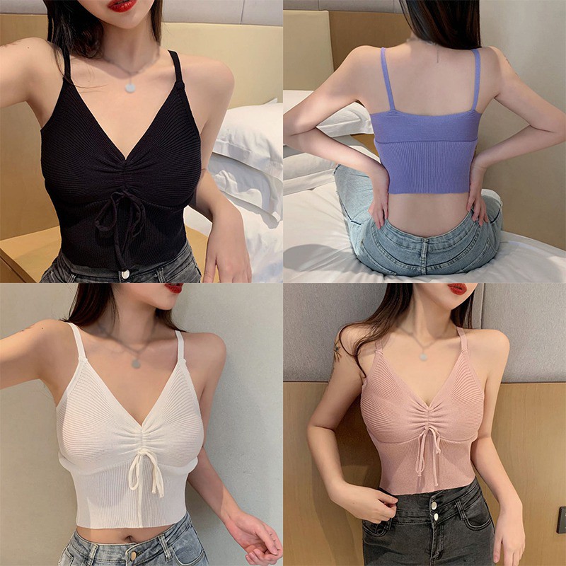 Áo Croptop Dệt Kim Cổ Chữ V Phối Dây Rút Lưng Cao Phong Cách Retro Pháp Cho Nữ