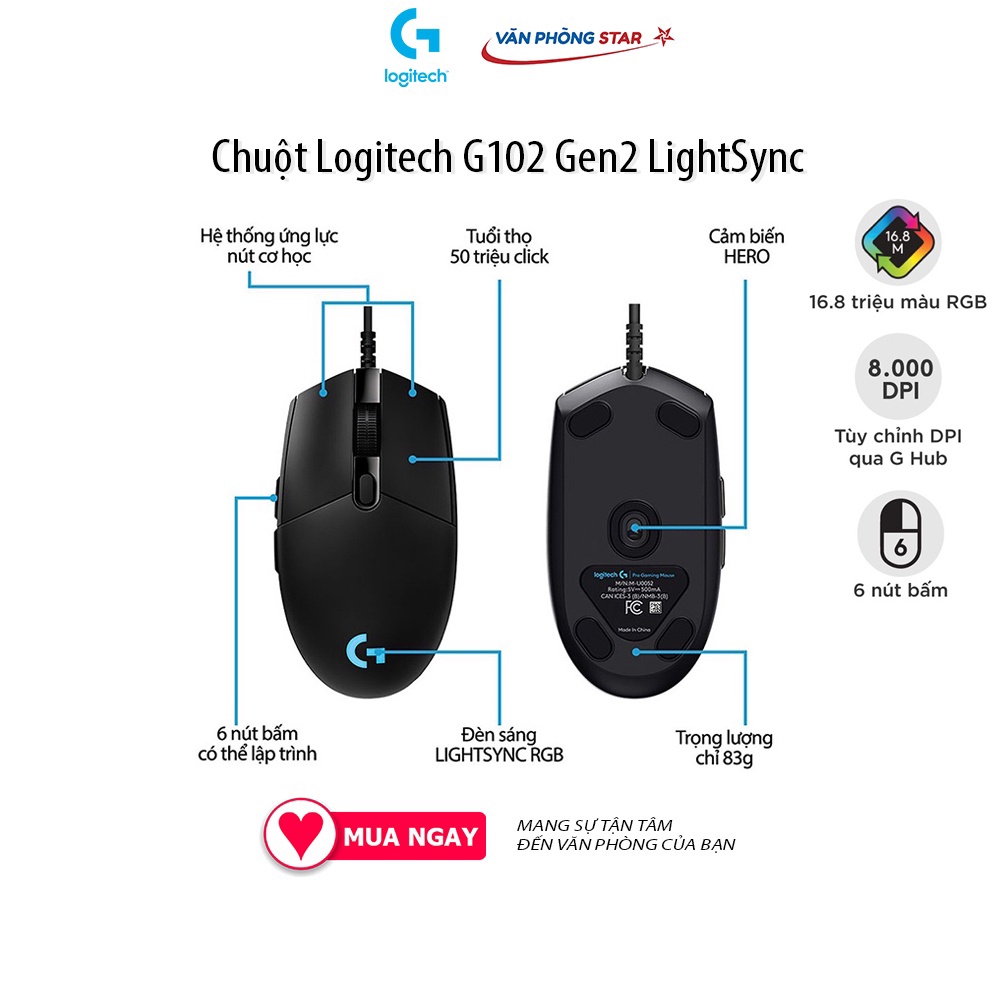 [FREESHIP] Chuột Gaming Logitech G102 Prodigy RGB LED Gen 2 độ nhạy 8.000 dpi, 6 nút nhấn chuyên game, dây 2m