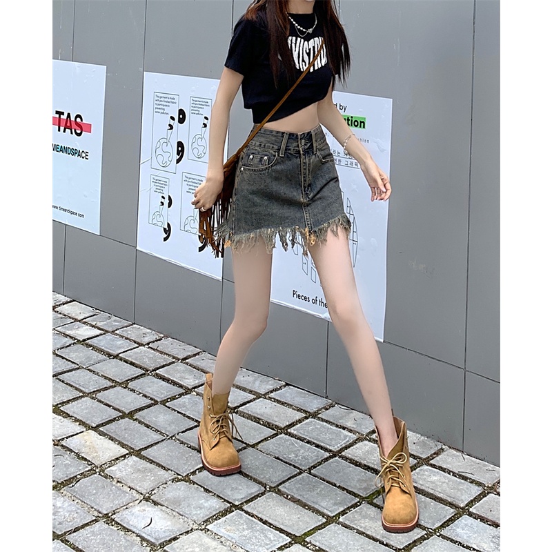 Chân váy jean Chữ A Lưng Cao Phong Cách retro Thời Trang Hàn Quốc Cho Nữ